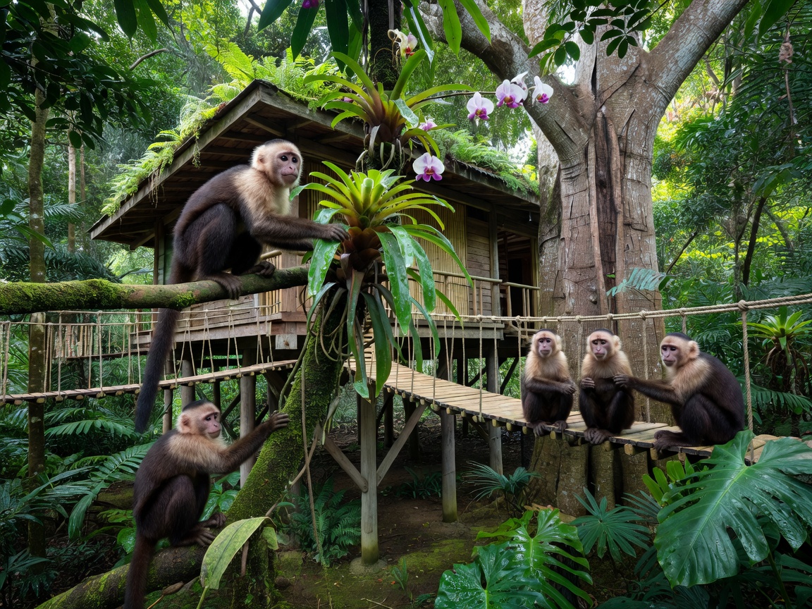 Curious monkeys peacefully interacting with their natural habitat around elevated eco architecture