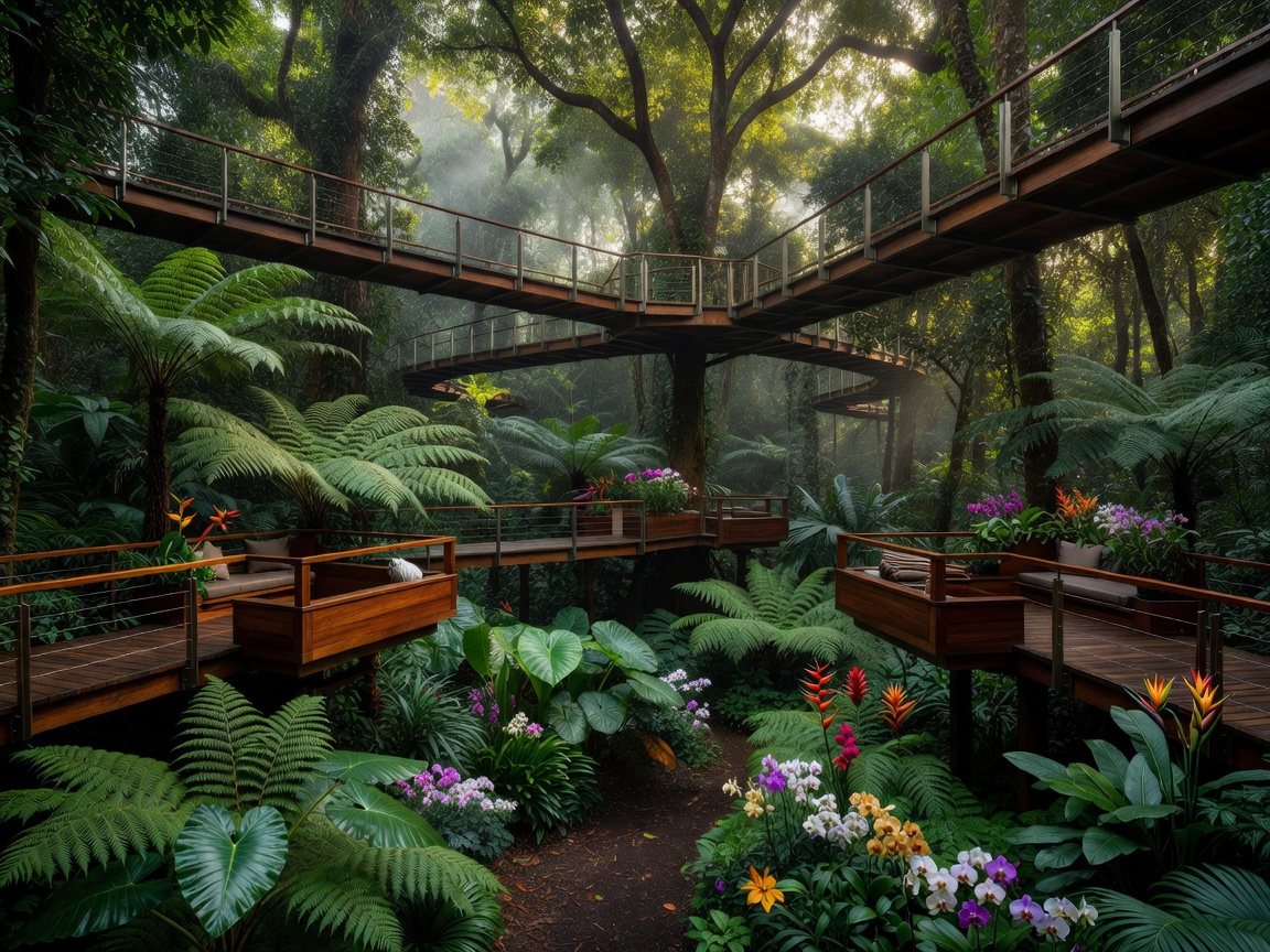 A breathtaking luxury rainforest sanctuary with elevated wooden skywalks and tropical botanical gardens