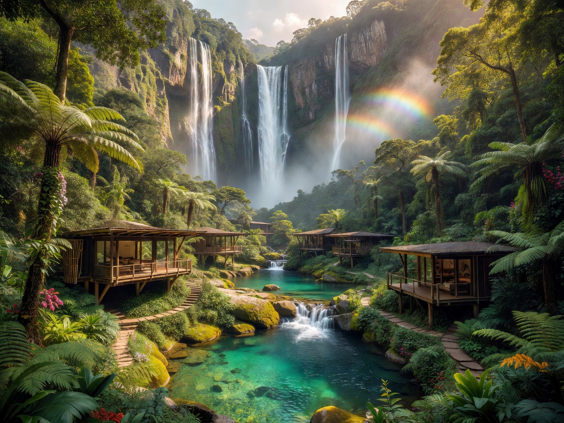 Spectacular rainforest valley featuring giant waterfalls, crystal pools, and luxury eco pavilions