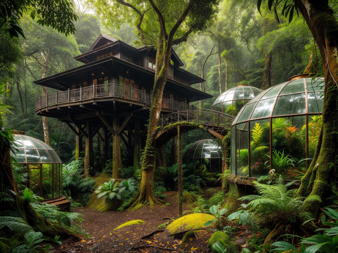 Magnificent tropical observation lodge surrounded by emerald forests and glass botanical domes